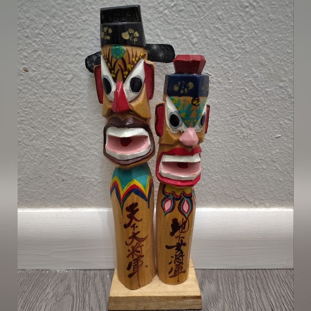 Vintage Carved Wood Jangseung Figurine Korean Totem Pole